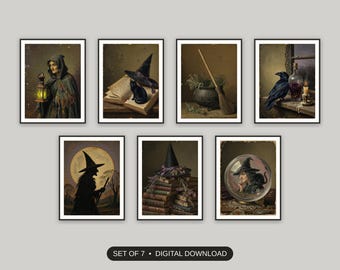 Vintage Witch Art Set Of 7, Antique Witch Portraits, Oil Painting Style, Entryway Gallery Wall, Spooky Season Mantel Decor, Digital Download