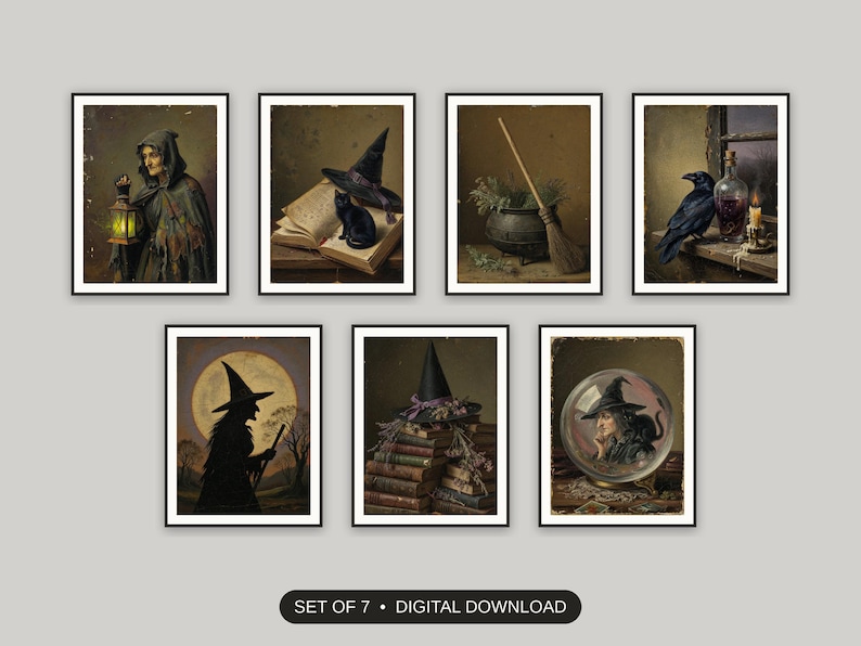 Set of 7 halloween decor and spooky season wall art printable prints shown as a gallery wall