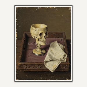 Vintage oil painting of skull goblet on wooden tray