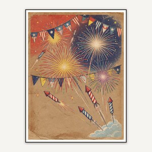 Fireworks burst above striped bunting