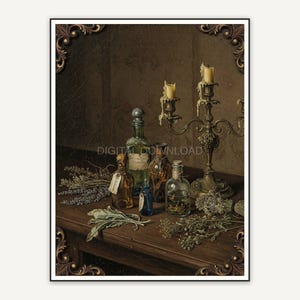 Still life of potion bottles and candelabra in muted oil painting tones