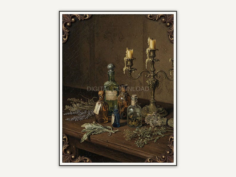 Still life of potion bottles and candelabra in muted oil painting tones