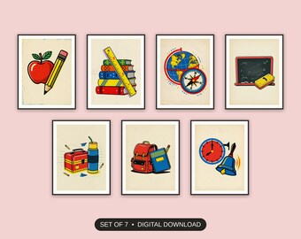 Retro-Klassenzimmer-Icons (7er-Set) | Grafikmotive im Stil der Mitte des 20. Jahrhunderts | Digitaler Download für Lehrer zum Schulstart