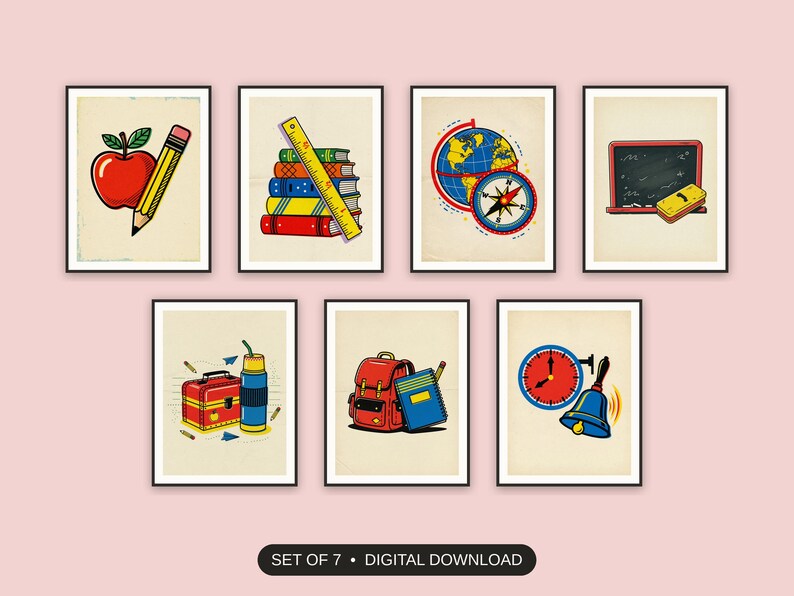 Set of 7 classroom printable printable prints shown as a gallery wall