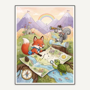 Deer exploring a map in soft watercolor storybook style
