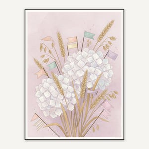 White hydrangeas with wheat and flags