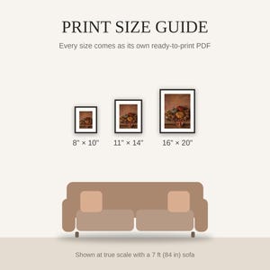Print size guide showing 8x10, 11x14, and 16x20 framed prints at true scale beside a sofa