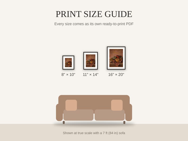 Print size guide showing 8x10, 11x14, and 16x20 framed prints at true scale beside a sofa