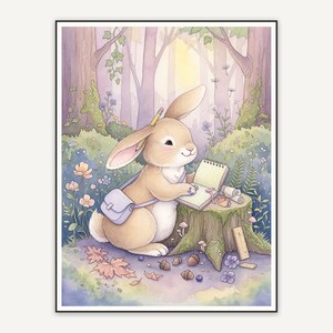Watercolor rabbit with notebook in cozy woodland setting