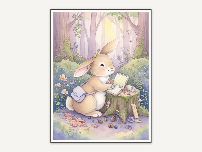 Watercolor rabbit with notebook in cozy woodland setting