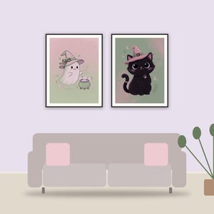 witchy wall decor printable art framed above a sofa in a styled living room