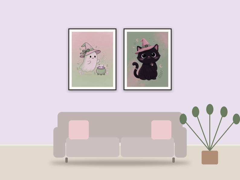 witchy wall decor printable art framed above a sofa in a styled living room