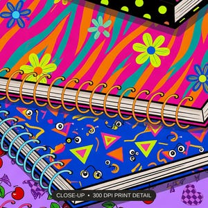Close-up print detail of the playful classroom icons artwork at 300 DPI