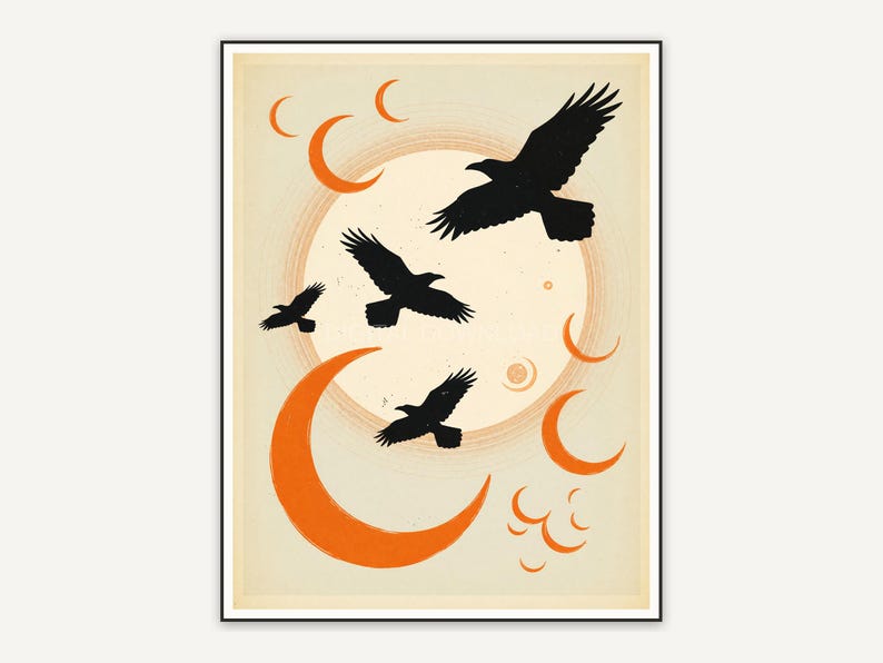 Cream background full moon with raven silhouettes