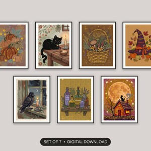 Set of 7 halloween kitchen art printable prints shown as a gallery wall