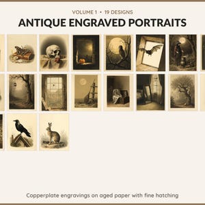 Volume 1 Antique Engraved Portraits: 19 printable Halloween art designs, copperplate engravings on aged paper with fine hatching