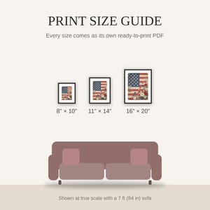 Print size guide showing 8x10, 11x14, and 16x20 framed prints at true scale beside a sofa