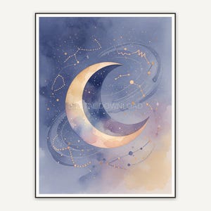 Crescent moon and constellations in soft tones