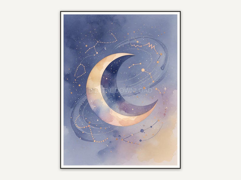Crescent moon and constellations in soft tones