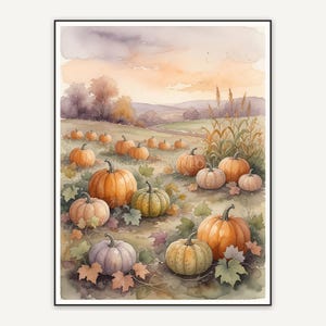 Soft watercolor pumpkin patch scene print