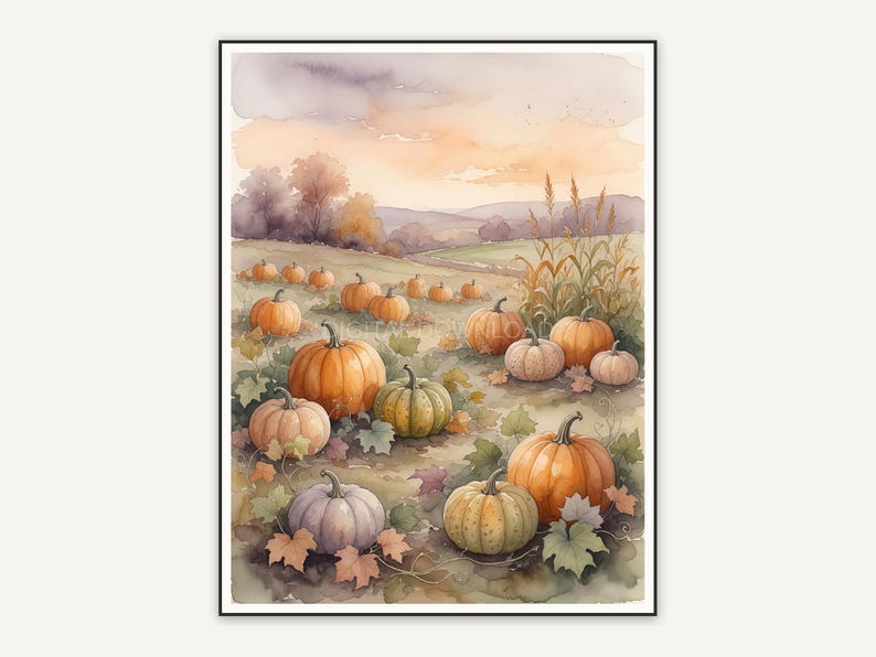 Soft watercolor pumpkin patch scene print