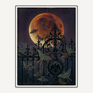 Orange moon behind iron gate with moths
