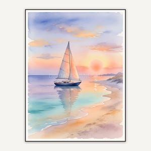 Watercolor sailboat sunset print