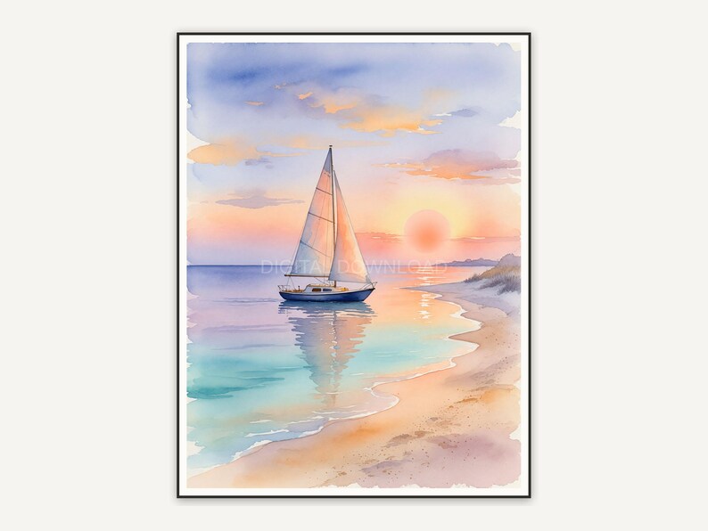 Watercolor sailboat sunset print