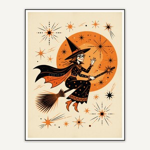 Witch on broomstick flying past full moon, 1950s poster look