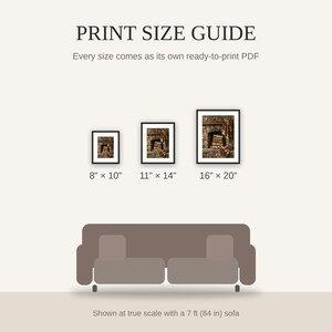 Print size guide showing 8x10, 11x14, and 16x20 framed prints at true scale beside a sofa