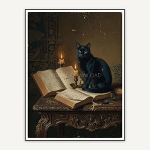 Vintage oil painting of black cat on spell books