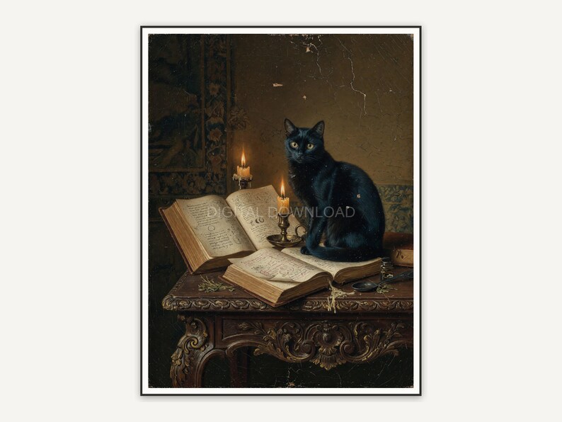 Vintage oil painting of black cat on spell books