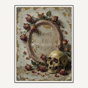Cracked plaster Halloween quote print Rest In Peace with skull and roses