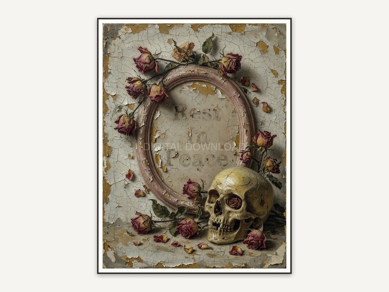 Cracked plaster Halloween quote print Rest In Peace with skull and roses