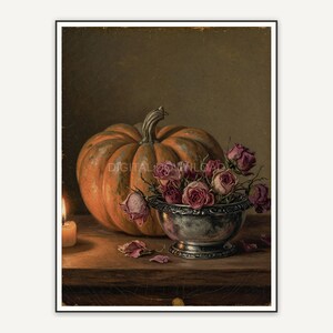 Pumpkin and dried roses still life oil painting