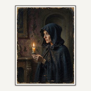 Vintage oil painting of a cloaked witch with candle