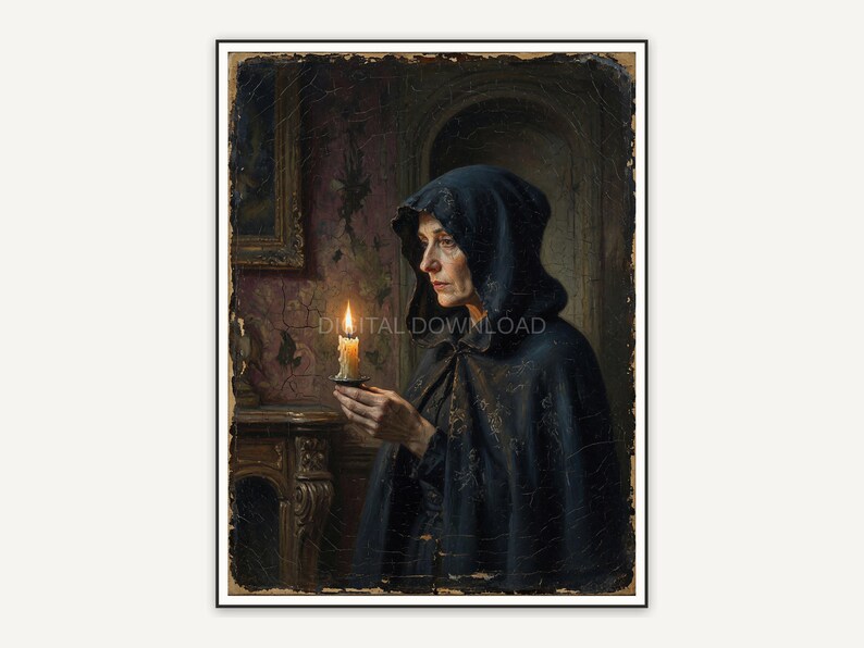 Vintage oil painting of a cloaked witch with candle