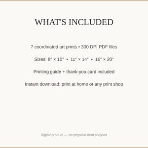 What's included: 7 art prints as 300 DPI PDFs in three sizes plus printing guide and thank-you card