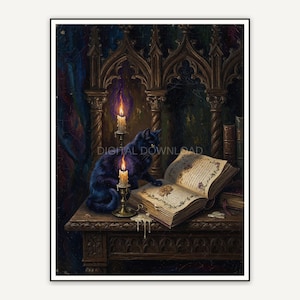 Black cat on library table with candle and book