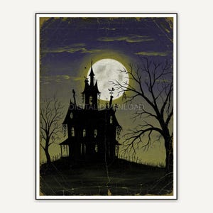 Silhouetted manor under full moon, dark academia Halloween print