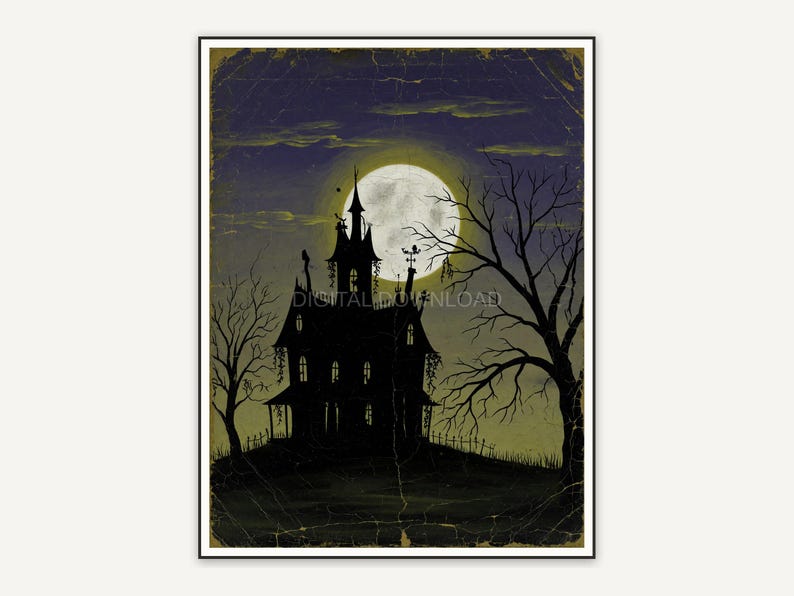 Silhouetted manor under full moon, dark academia Halloween print