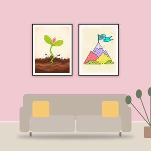 growth mindset illustrations printable art framed above a sofa in a styled living room