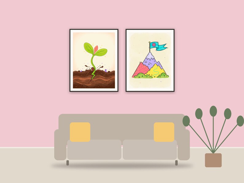 growth mindset illustrations printable art framed above a sofa in a styled living room