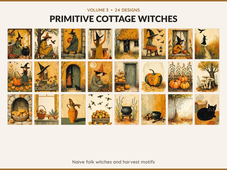 Volume 3 Primitive Cottage Witches: 24 printable Halloween art designs, naive folk witches and harvest motifs
