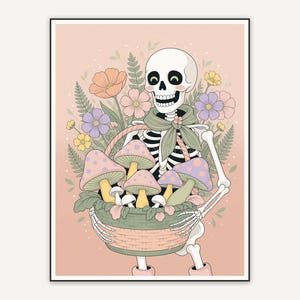 Skeleton with pastel mushrooms and flowers