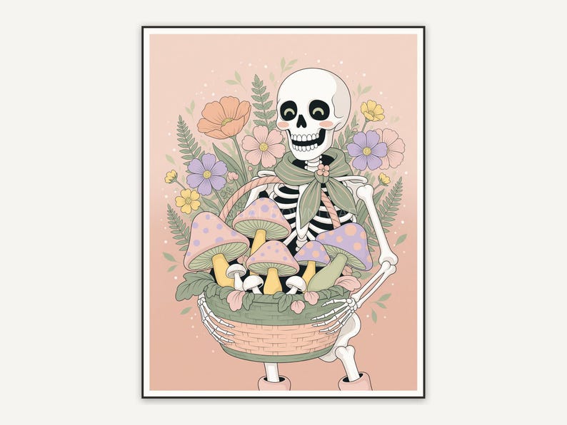 Skeleton with pastel mushrooms and flowers