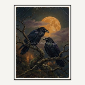 Two ravens on branches beneath a harvest moon in antique tones