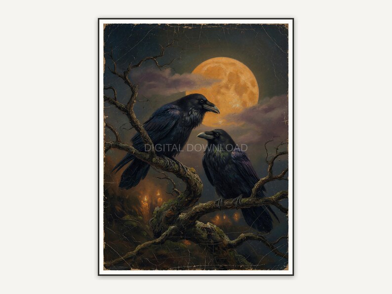 Two ravens on branches beneath a harvest moon in antique tones