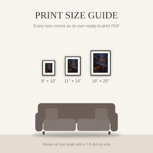 Print size guide showing 8x10, 11x14, and 16x20 framed prints at true scale beside a sofa