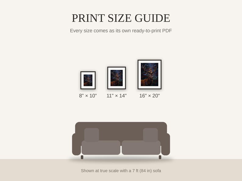 Print size guide showing 8x10, 11x14, and 16x20 framed prints at true scale beside a sofa